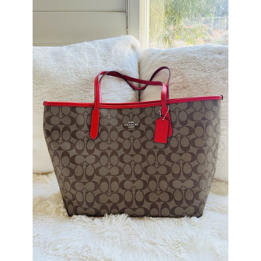 NWT Coach 5696 City Tote Bag in Signature Coated Canvas Khaki Miami Red $398